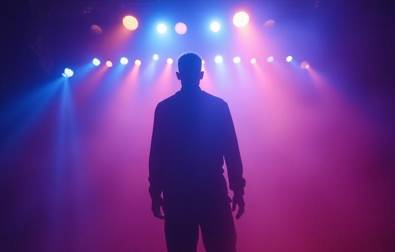 Dynamic image representing an artist on stage with bright lights, symbolizing career acceleration.